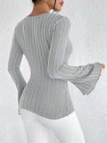 Ribbed Flare Sleeve Top - Trendsi - Flyclothing LLC