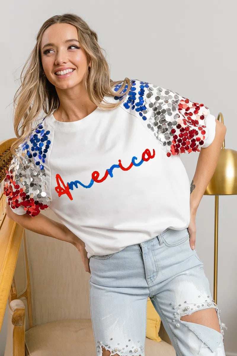 BiBi America Letter Applique Spangle Puff Sleeves Top - Trendsi - Flyclothing LLC