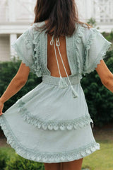 Lace Detail Plunge Short Sleeve Mini Dress - Trendsi - Flyclothing LLC