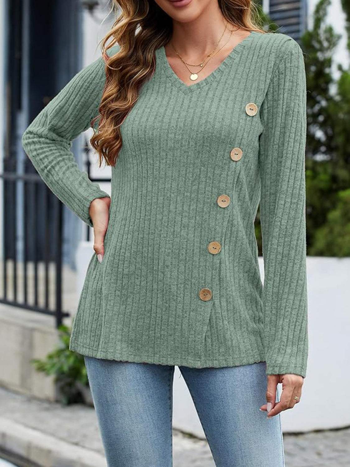 V-Neck Long Sleeve T-Shirt - Trendsi - Flyclothing LLC