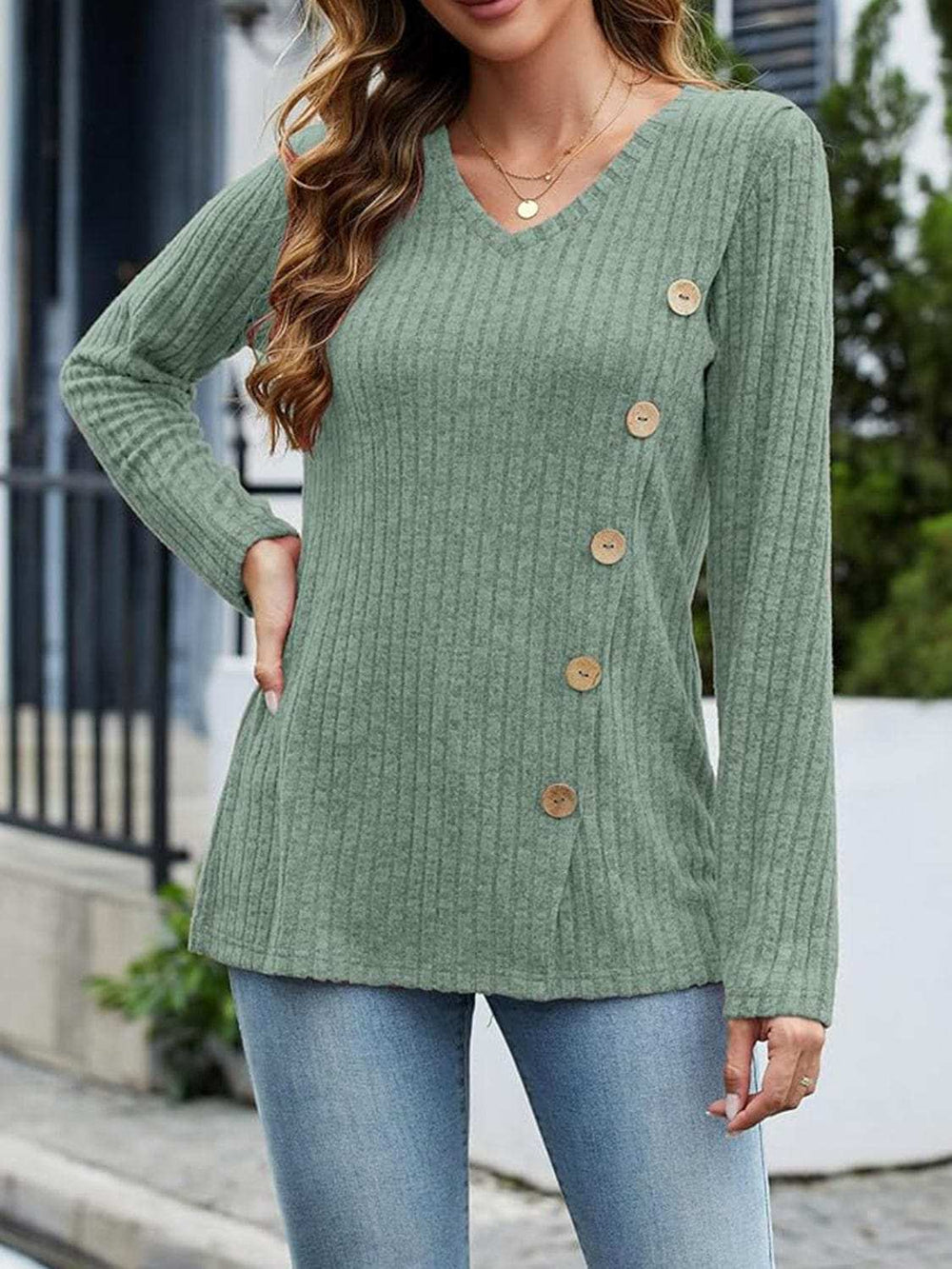 V-Neck Long Sleeve T-Shirt - Trendsi - Flyclothing LLC