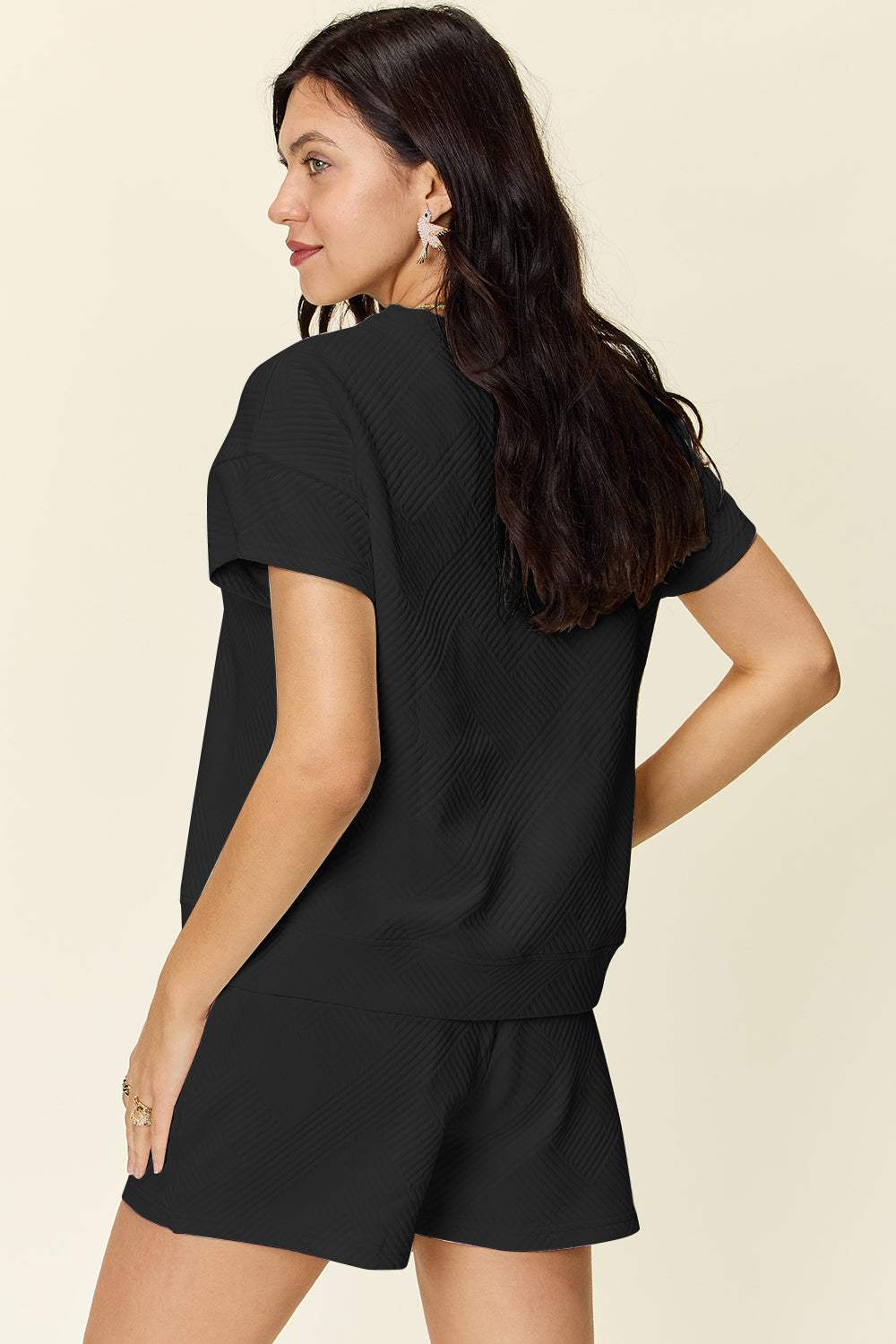 Double Take Full Size Texture Short Sleeve T-Shirt and Drawstring Shorts Set - Trendsi - Flyclothing LLC