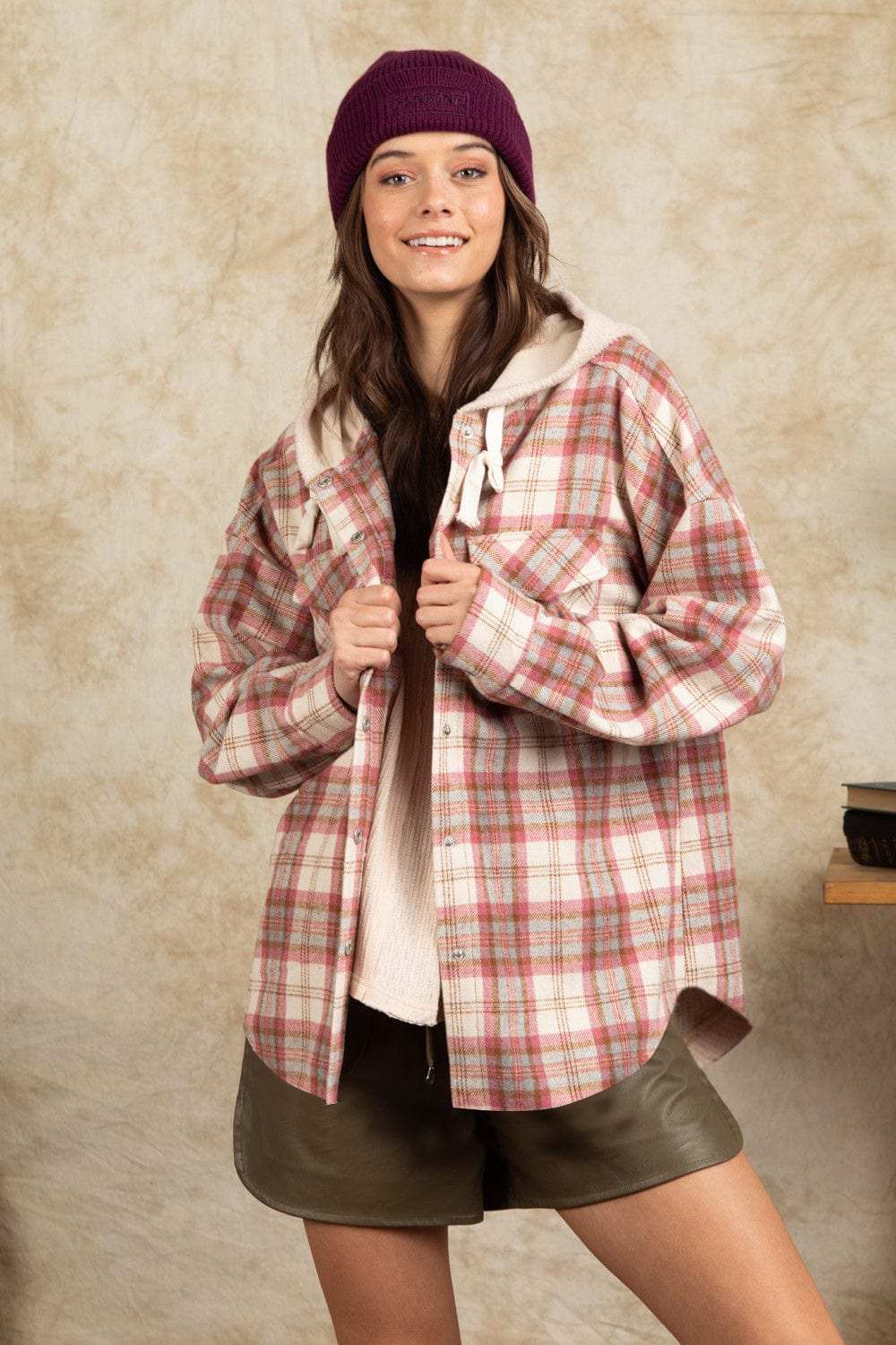 Drawstring Plaid Long Sleeve Hooded Jacket - Trendsi - Flyclothing LLC
