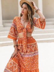 Printed Plunge Half Sleeve Top and Skirt Set - Trendsi