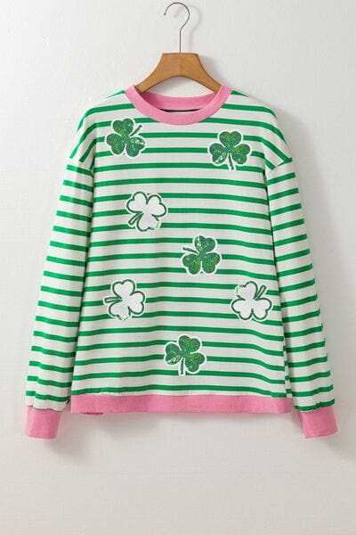 Striped Lucky Clover Long Sleeve Sweatshirt - Trendsi - Flyclothing LLC