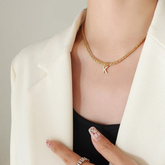 Brass Inlaid Zircon Letter Pendant Necklace - Trendsi