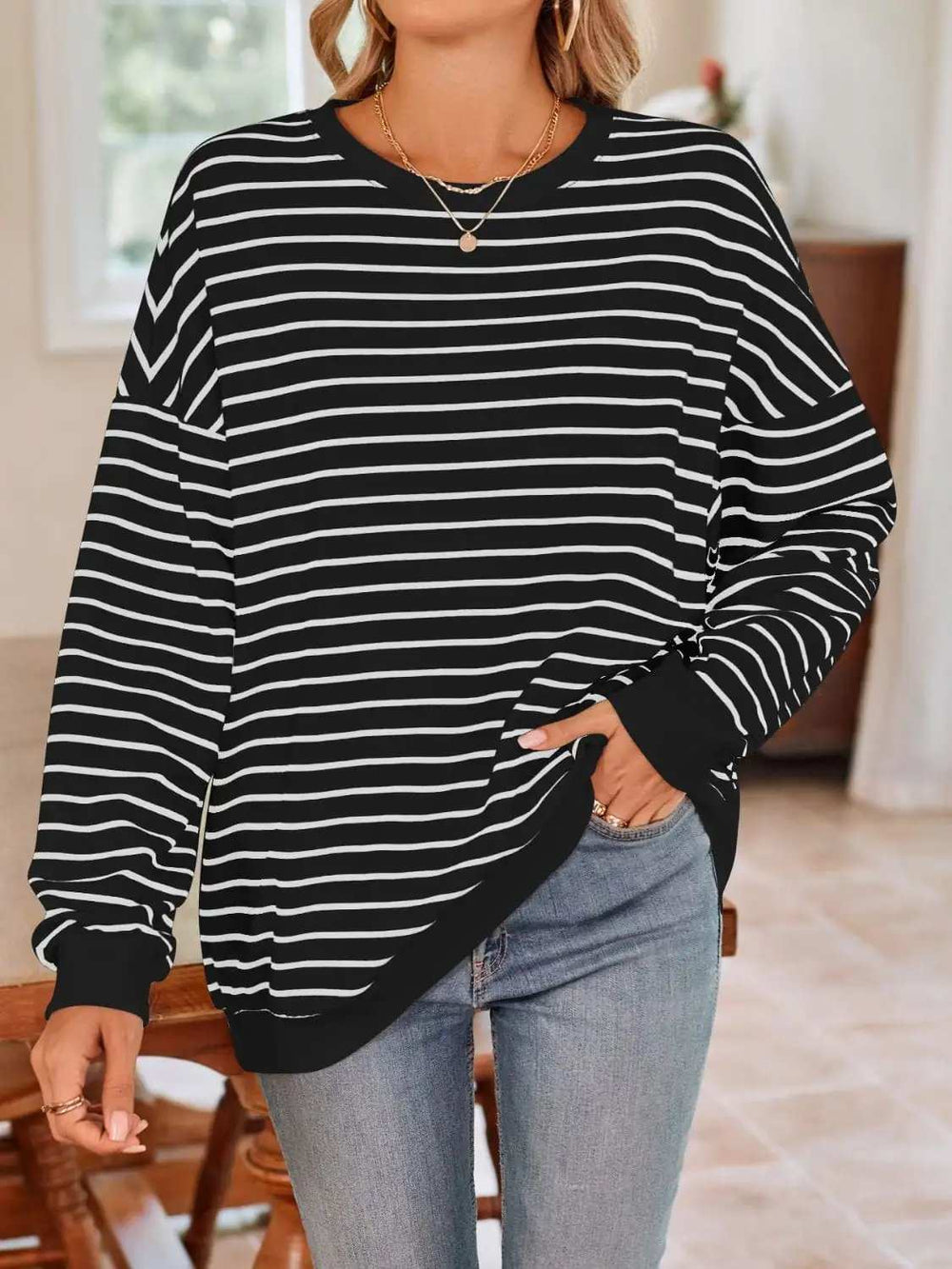 Striped Round Neck Long Sleeve Sweatshirt - Trendsi - Flyclothing LLC