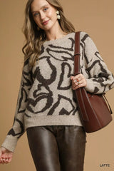 Umgee Heart Print Crew Neck Sweater - Trendsi - Flyclothing LLC