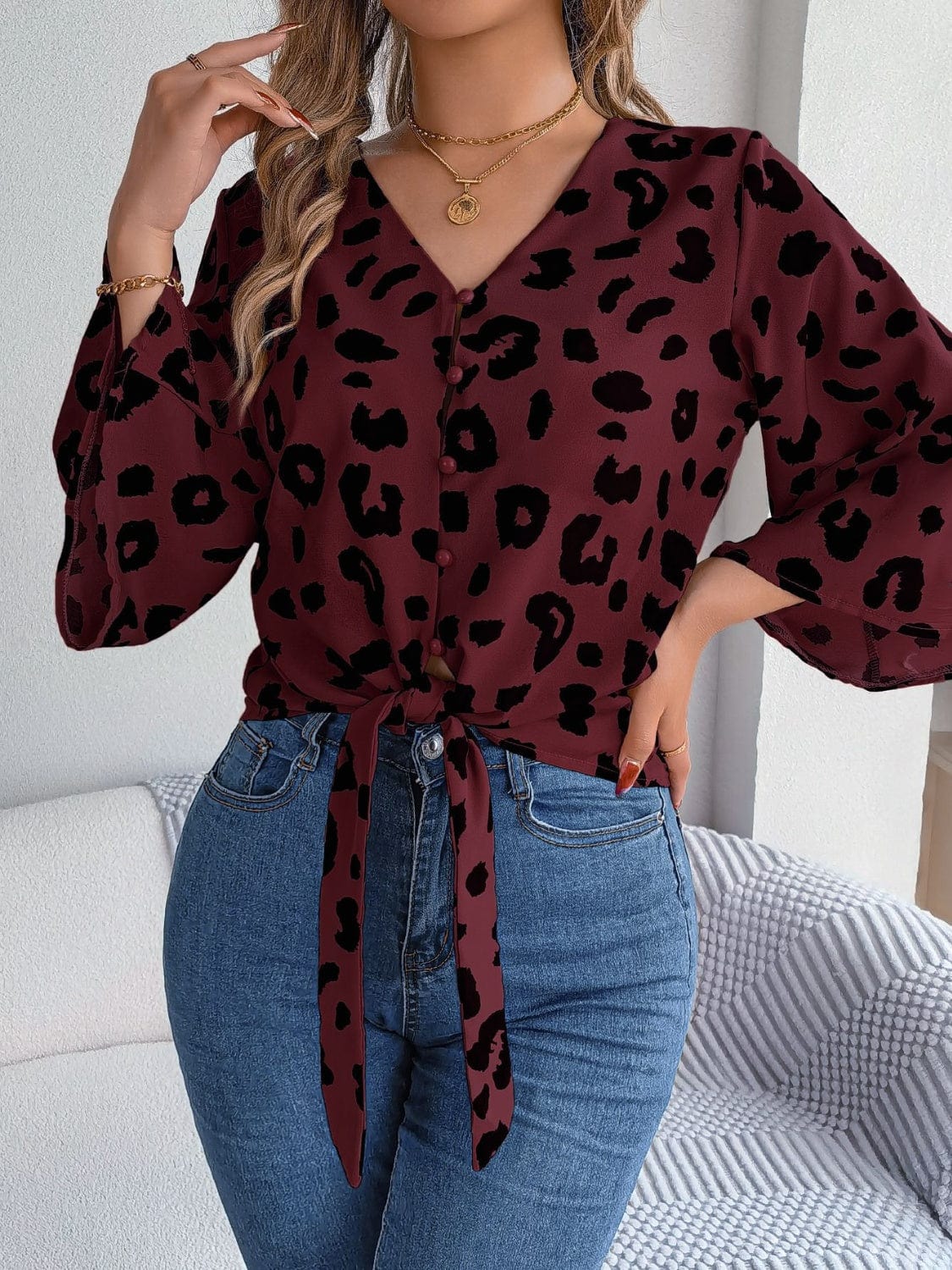 Tied Button Up Leopard V-Neck Blouse - Trendsi