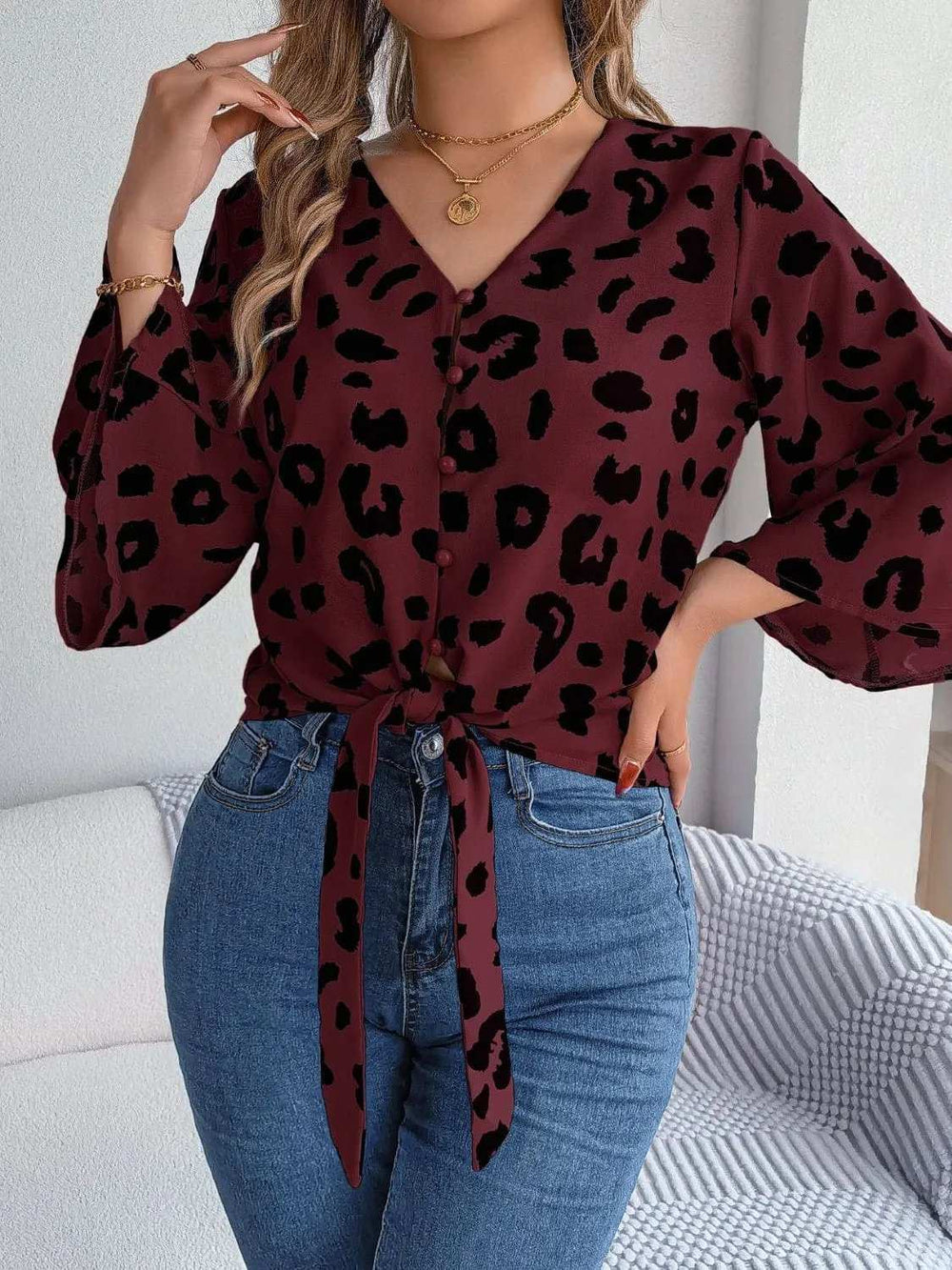 Tied Button Up Leopard V-Neck Blouse - Trendsi - Flyclothing LLC