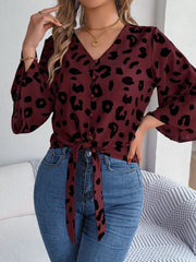 Tied Button Up Leopard V-Neck Blouse - Trendsi