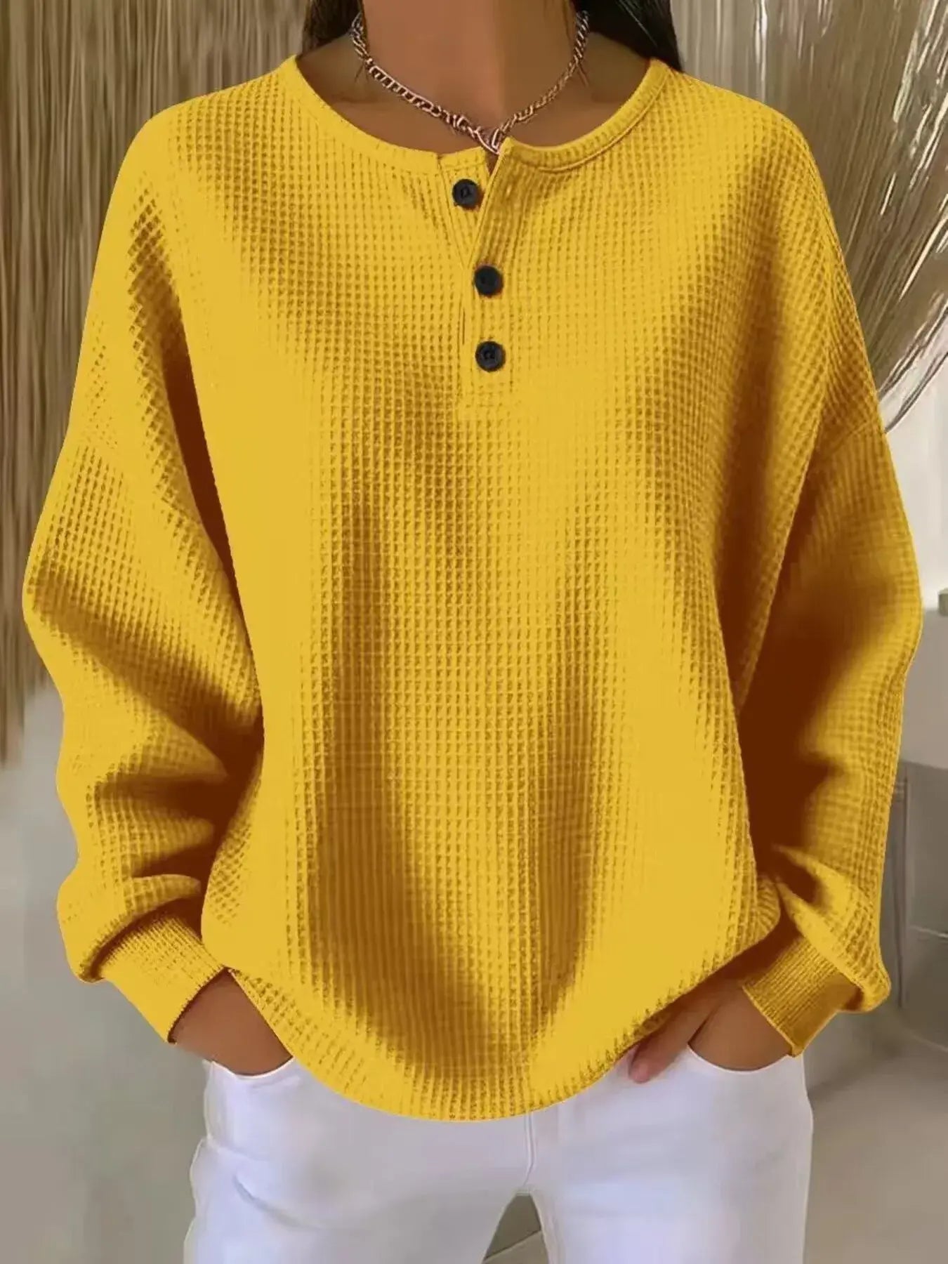 Full Size Casual Waffle Knit Button Detail Pullover Plus Size - Trendsi - Flyclothing LLC