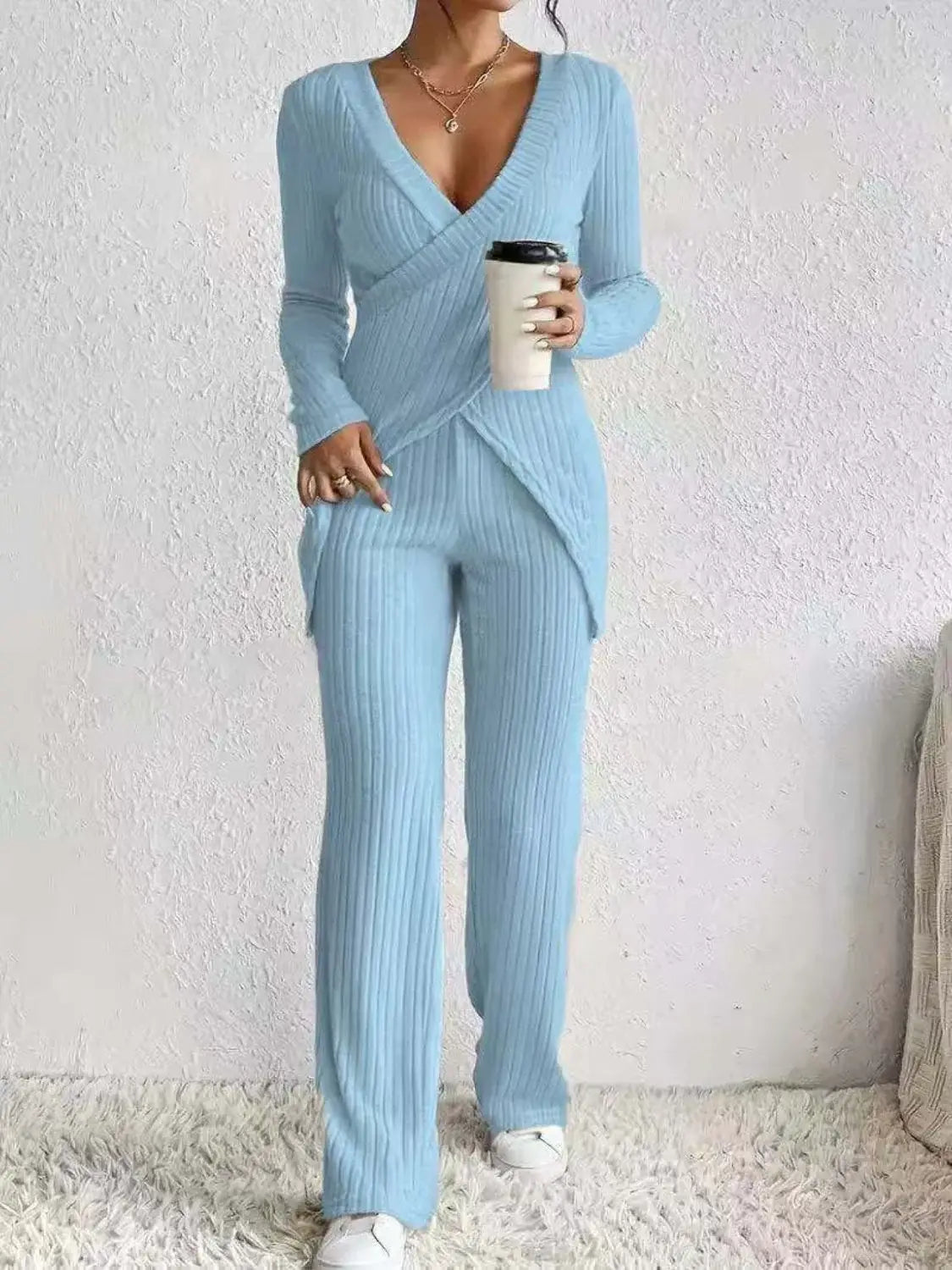 Surplice Long Sleeve Top and Pants Set - Trendsi - Flyclothing LLC