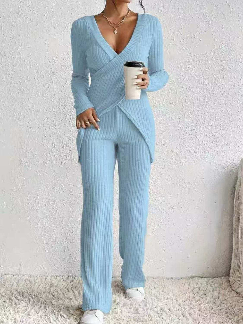 Surplice Long Sleeve Top and Pants Set - Trendsi - Flyclothing LLC