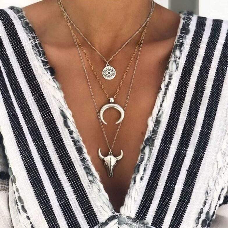 Alloy Three-Layered Bull Head Pendant Necklace - Trendsi - Flyclothing LLC
