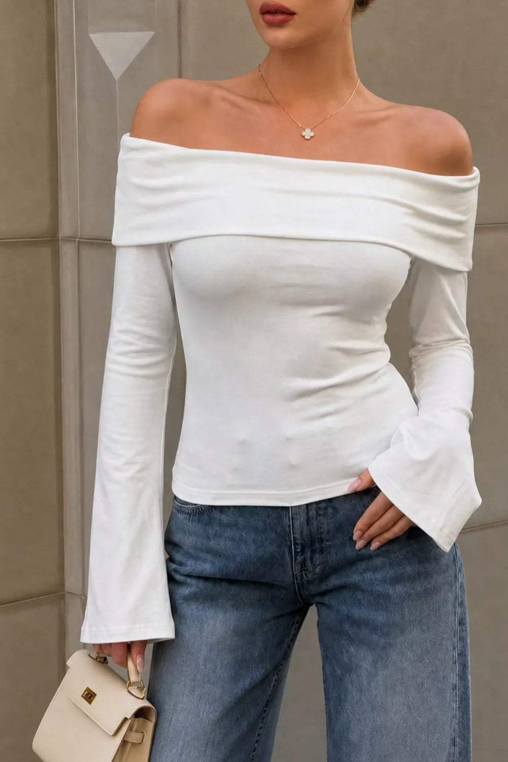 Off Shoulder Flare Sleeve Top - Trendsi - Flyclothing LLC