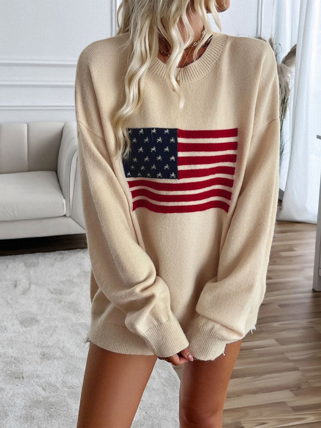 Devine US Flag Round Neck Long Sleeve Knit Top - Trendsi