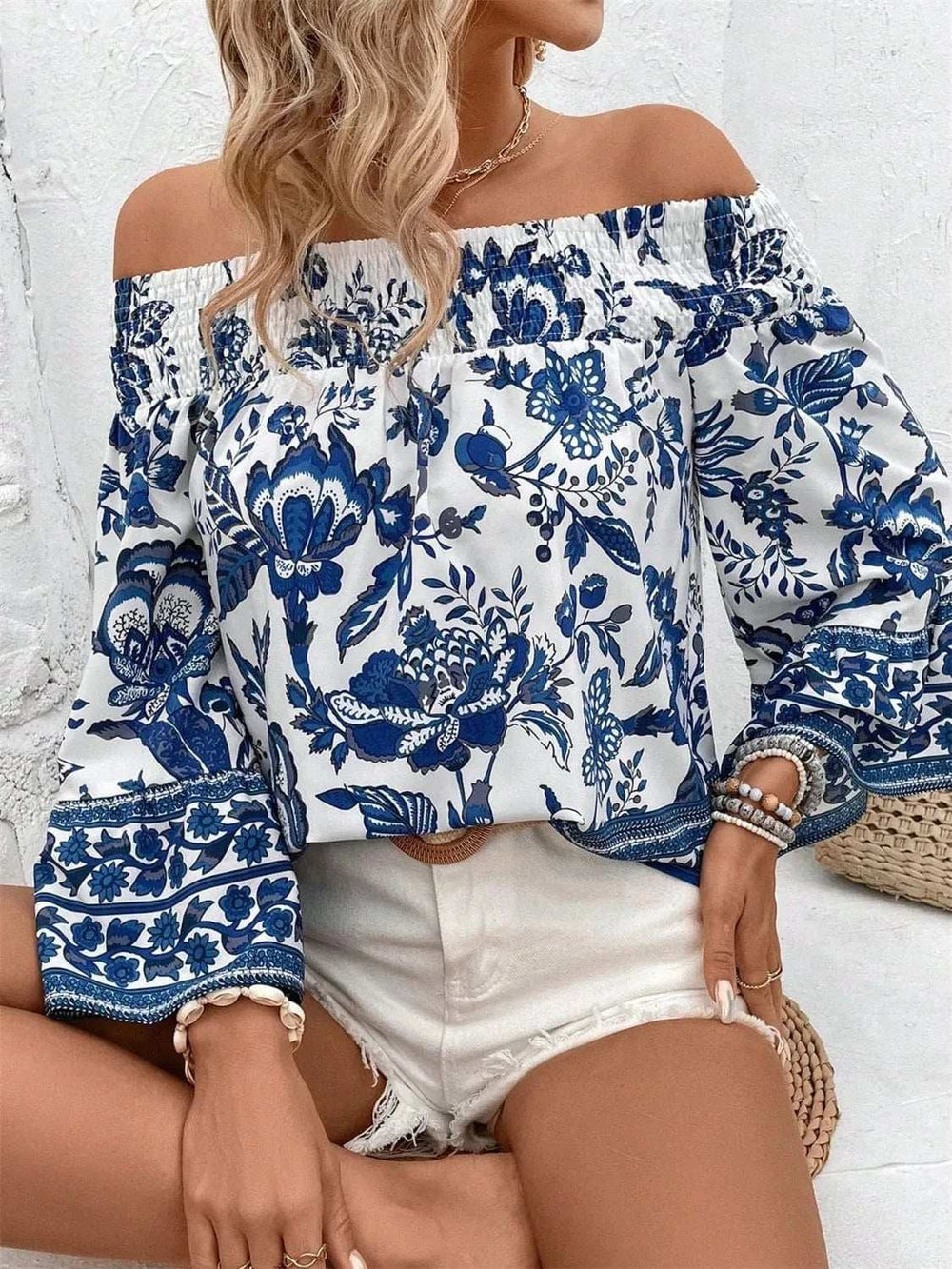 Smocked Printed Off-Shoulder Blouse - Trendsi - Flyclothing LLC