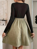 Contrast Round Neck Long Sleeve Dress - Trendsi