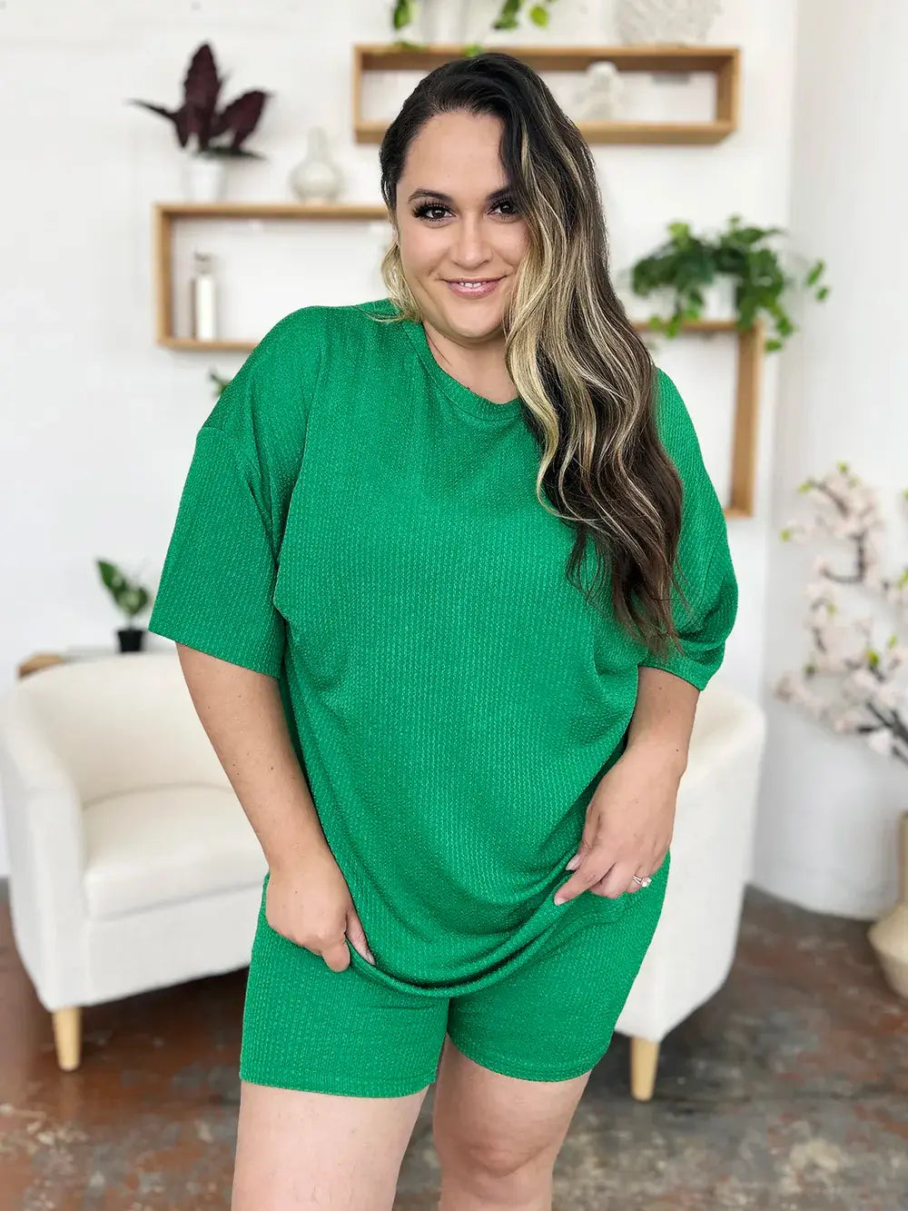 Double Take Full Size Texture Round Neck Drop Shoulder T-Shirt and Shorts Set - Trendsi - Flyclothing LLC
