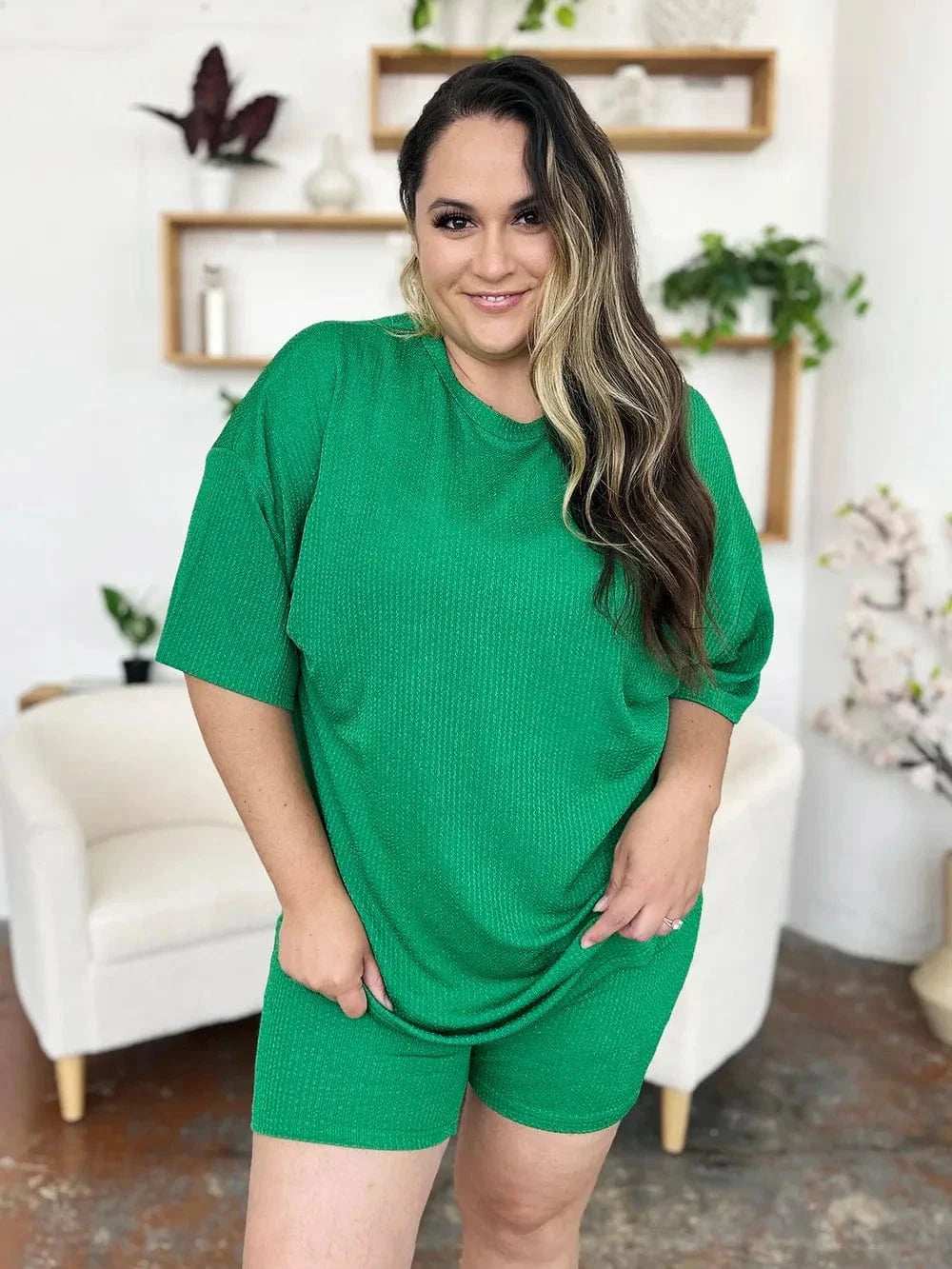 Double Take Full Size Texture Round Neck Drop Shoulder T-Shirt and Shorts Set - Trendsi - Flyclothing LLC