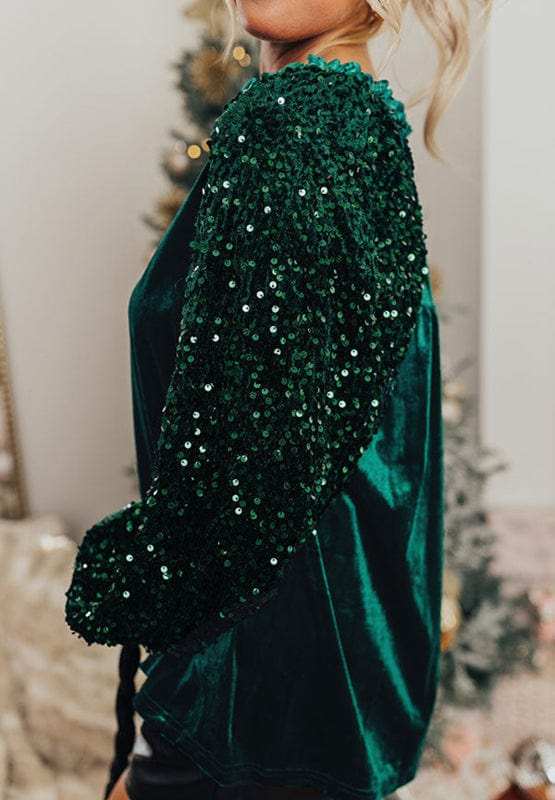 Sequin Notched Long Sleeve Blouse - Trendsi - Flyclothing LLC