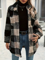 Button Down Collared Neck Plaid Teddy Coat with Pockets - Trendsi - Flyclothing LLC