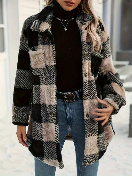 Button Down Collared Neck Plaid Teddy Coat with Pockets - Trendsi - Flyclothing LLC