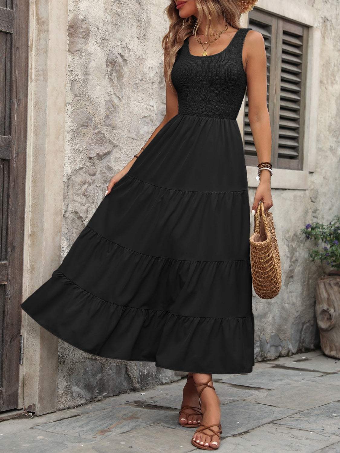 Smocked Scoop Neck Sleeveless Tank Dress - Trendsi - Flyclothing LLC
