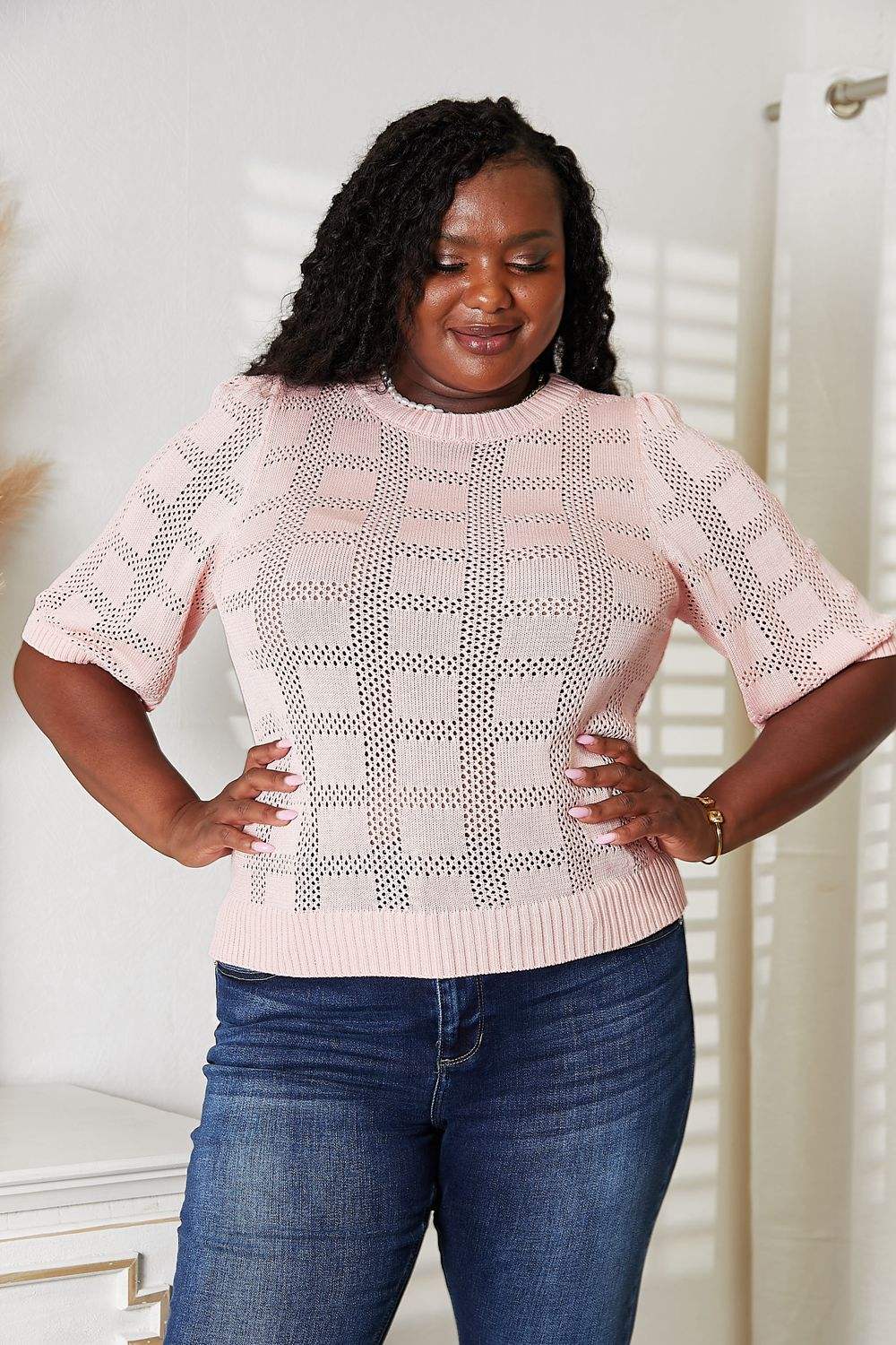 Mandy Ribbed Trim Round Neck Knit Top - Trendsi - Flyclothing LLC