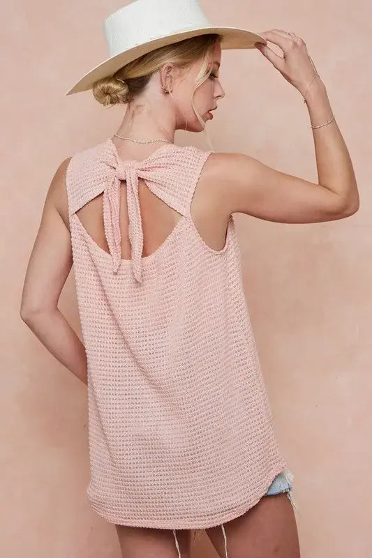 BiBi Popcorn Waffle Open Back Top with Tied Ribbon - Trendsi - Flyclothing LLC
