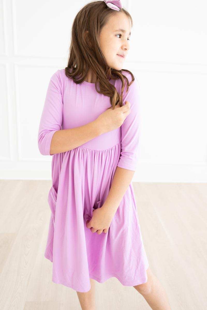 Bright Lilac 3/4 Sleeve Pocket Twirl Dress - Mila & Rose ® - Flyclothing LLC