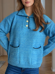 Contrast Trim Quarter Button Long Sleeve Sweater - Trendsi