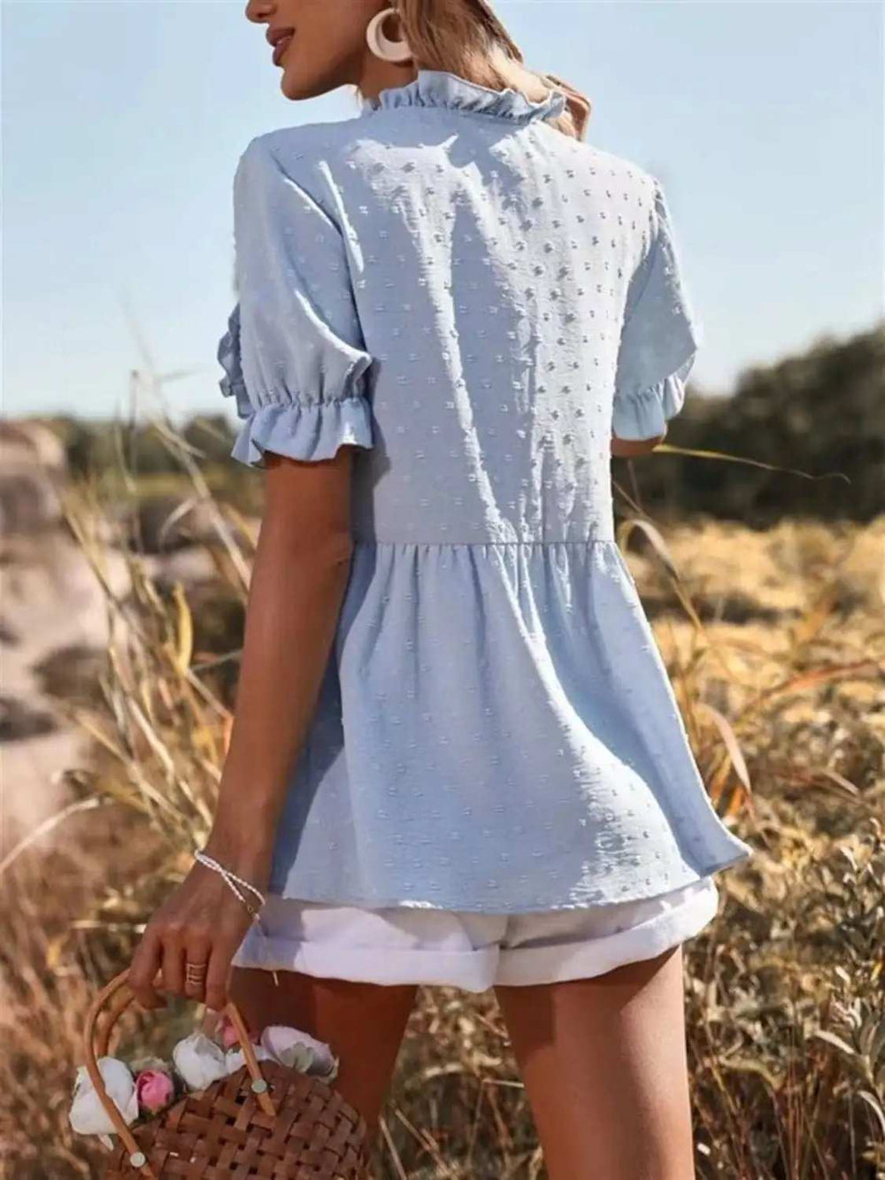 Frill V-Neck Short Sleeve Blouse - Trendsi - Flyclothing LLC