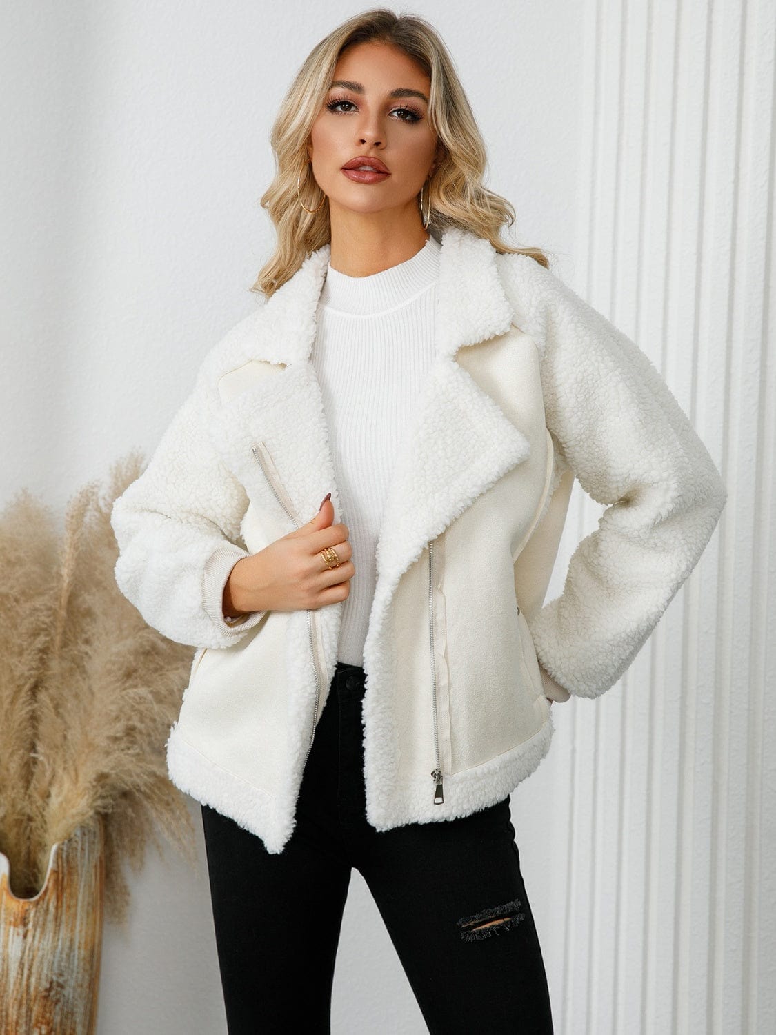 Pocketed Sherpa Zip Up Long Sleeve Jacket - Trendsi