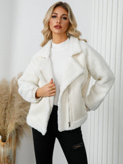Pocketed Sherpa Zip Up Long Sleeve Jacket - Trendsi