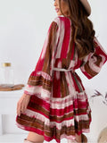 Buttoned Striped Long Sleeve Mini Dress - Trendsi