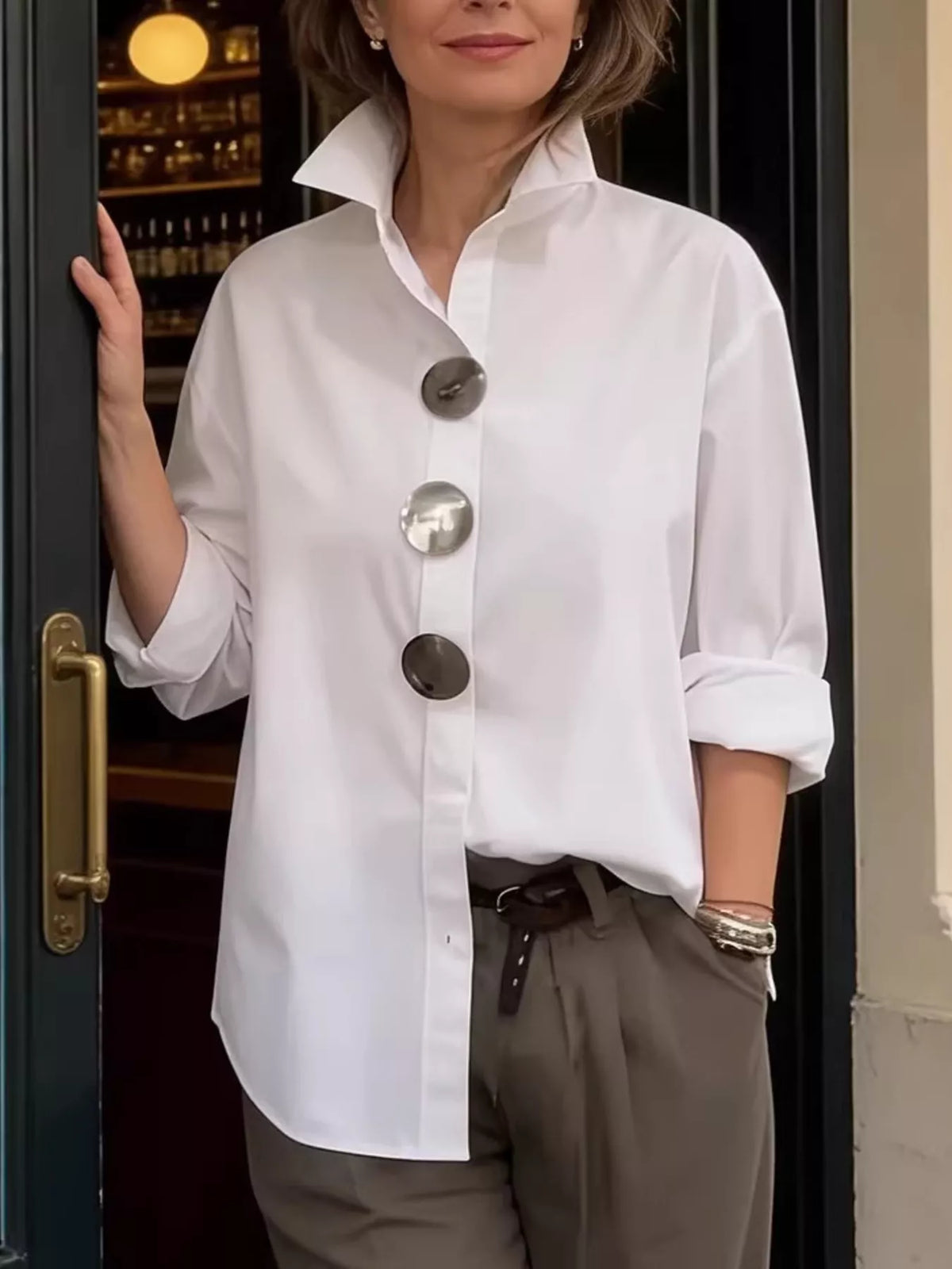 Full Size Oversized Metal Button Long Sleeve Shirt Plus Size - Trendsi - Flyclothing LLC