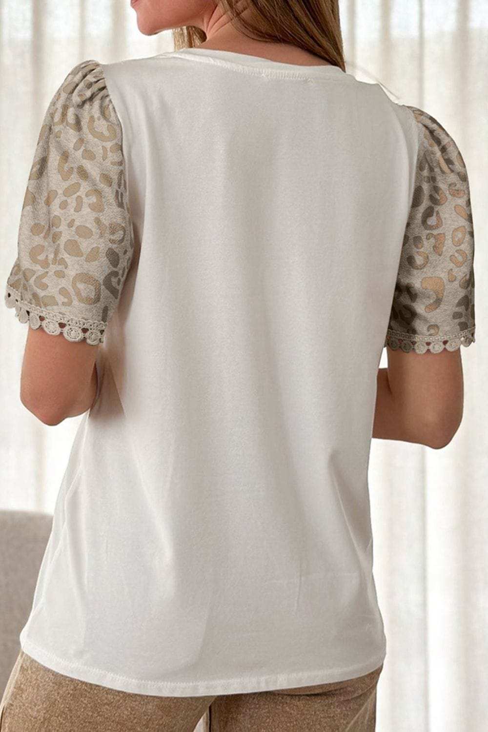 Leopard Patchwork Crochet Lace Trim Puff Sleeve T Shirt - Trendsi - Flyclothing LLC