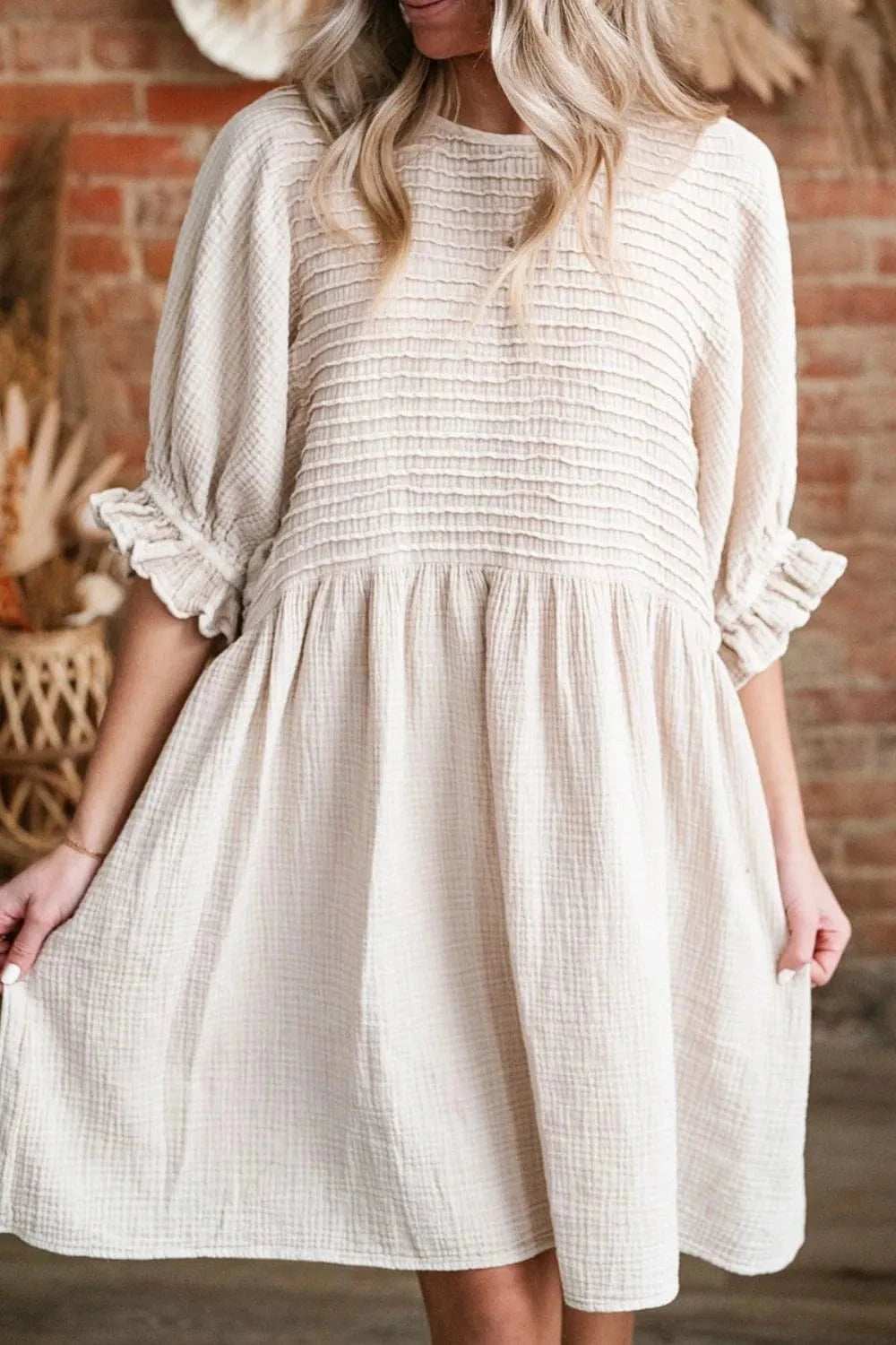 Textured Ruffled Puff Sleeve Loose Dress - Trendsi - Flyclothing LLC