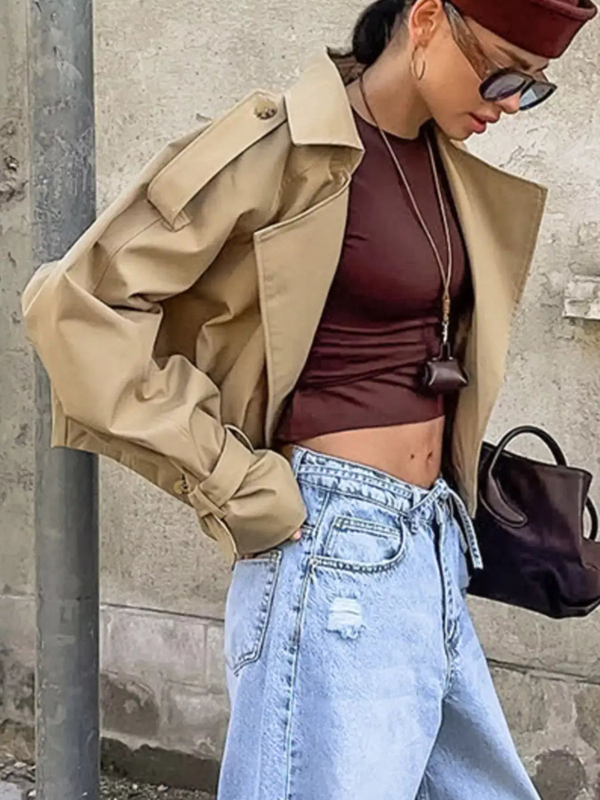 Wide Lapel Cropped Trench Coat - Trendsi - Flyclothing LLC