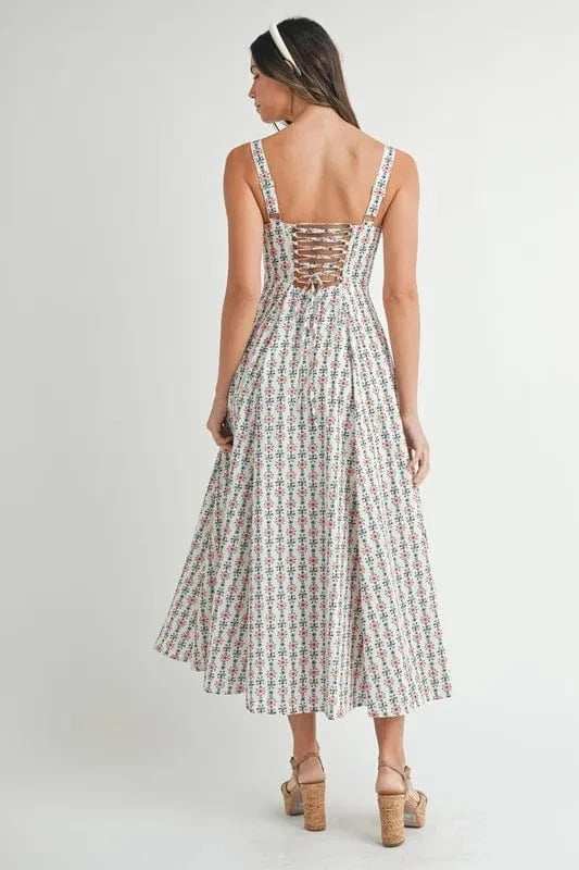 MABLE Floral Print Bustier Back Lace Up Midi Dress - Trendsi - Flyclothing LLC