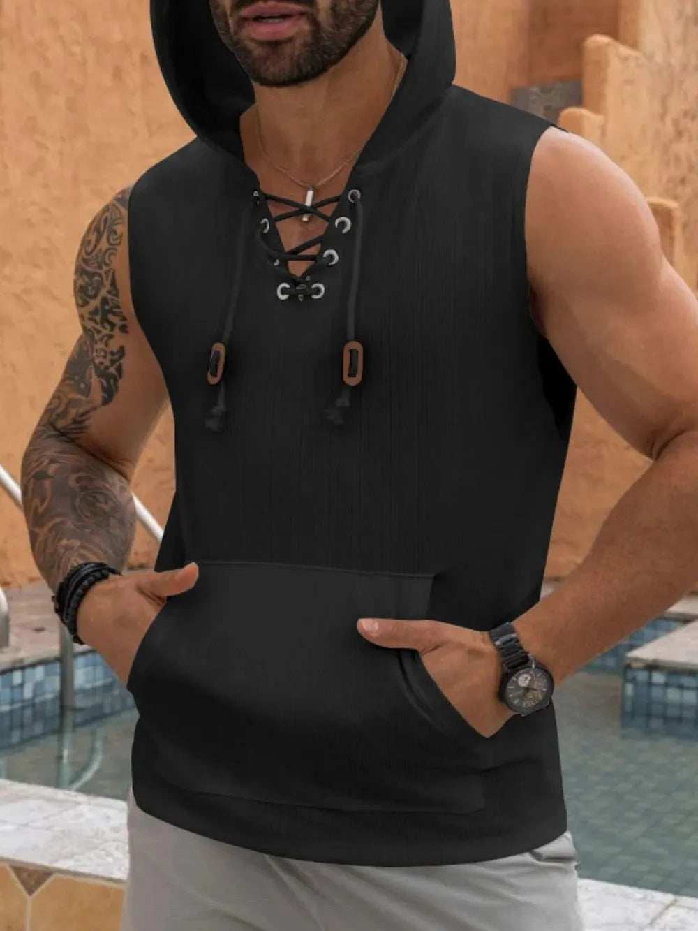 Men's Lace Up Hooded Top - Trendsi - Flyclothing LLC