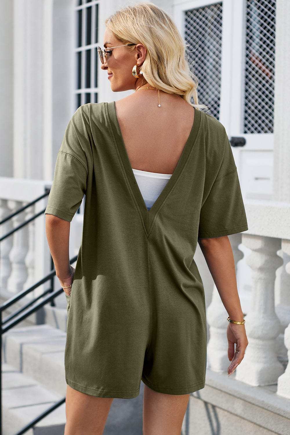 Backless Round Neck Half Sleeve Romper - Trendsi - Flyclothing LLC