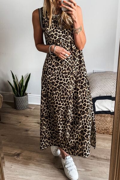 Side Slit Leopard Sleeveless Maxi Dress - Trendsi