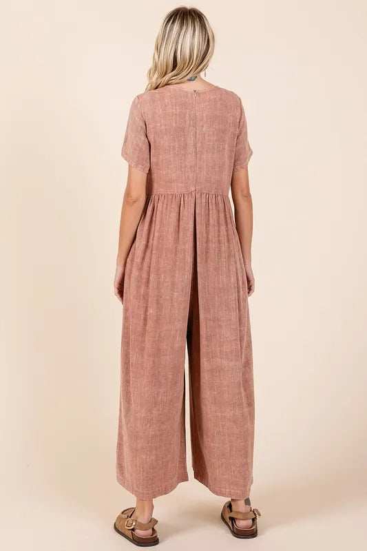 Mittoshop Mineral Wash Short Sleeve Flowy Wide Leg Jumpsuit - Trendsi - Flyclothing LLC