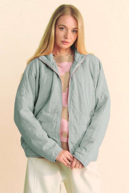 Davi & Dani Quilted Zip Up Dropped Shoulder Jacket - Trendsi