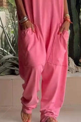 Full Size Casual V-Neck Short Sleeve Jumpsuit with Pockets Plus Size - Trendsi - Flyclothing LLC