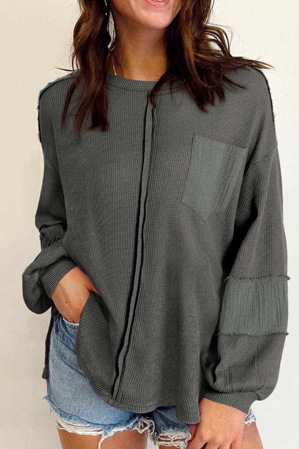 Exposed Seam Round Neck Long Sleeve Sweatshirt - Trendsi - Flyclothing LLC