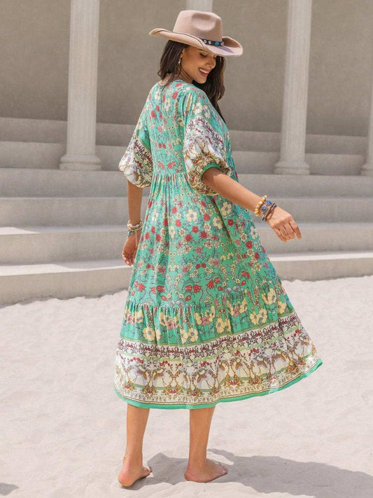 Ruched Printed Puff Sleeve Midi Dress - Trendsi - Flyclothing LLC